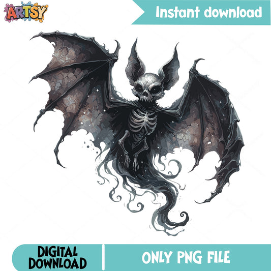 Skeleton Bat Halloween PNG, Spooky Bat Skull PNG, Gothic Halloween PNG