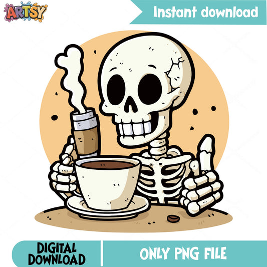 Skeleton Drinking Coffee PNG, Funny Skull Coffee PNG, Halloween PNG