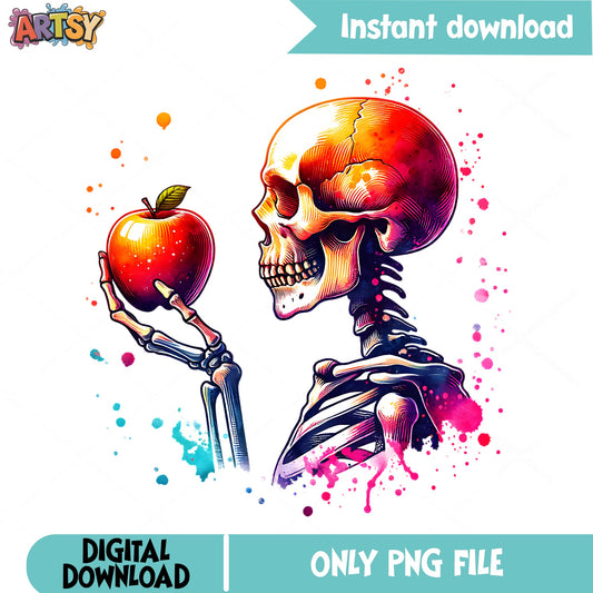 Skeleton Holding Apple Watercolor PNG, Halloween Skull PNG, Spooky Teacher PNG