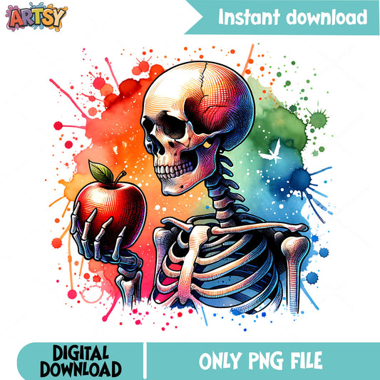 Skeleton Holding Apple Watercolor PNG, Teacher Skull PNG, Halloween PNG