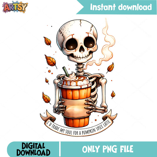 Skeleton Pumpkin Spice Latte PNG, Halloween Coffee PNG, Fall PNG