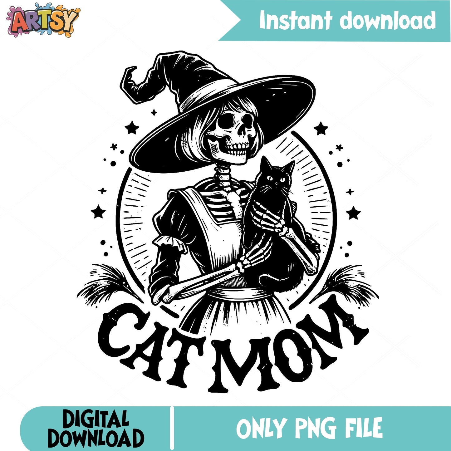 Skeleton Witch Cat Mom PNG, Halloween Black Cat PNG, Cat Mom PNG