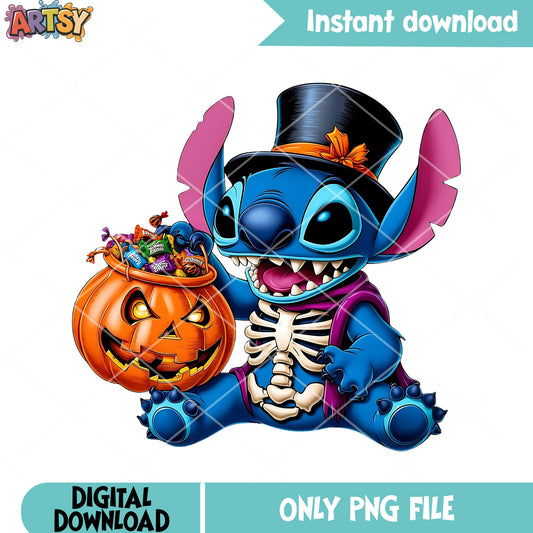 Skeleton costume stitch png, disney halloween png, wicker pumpkin png