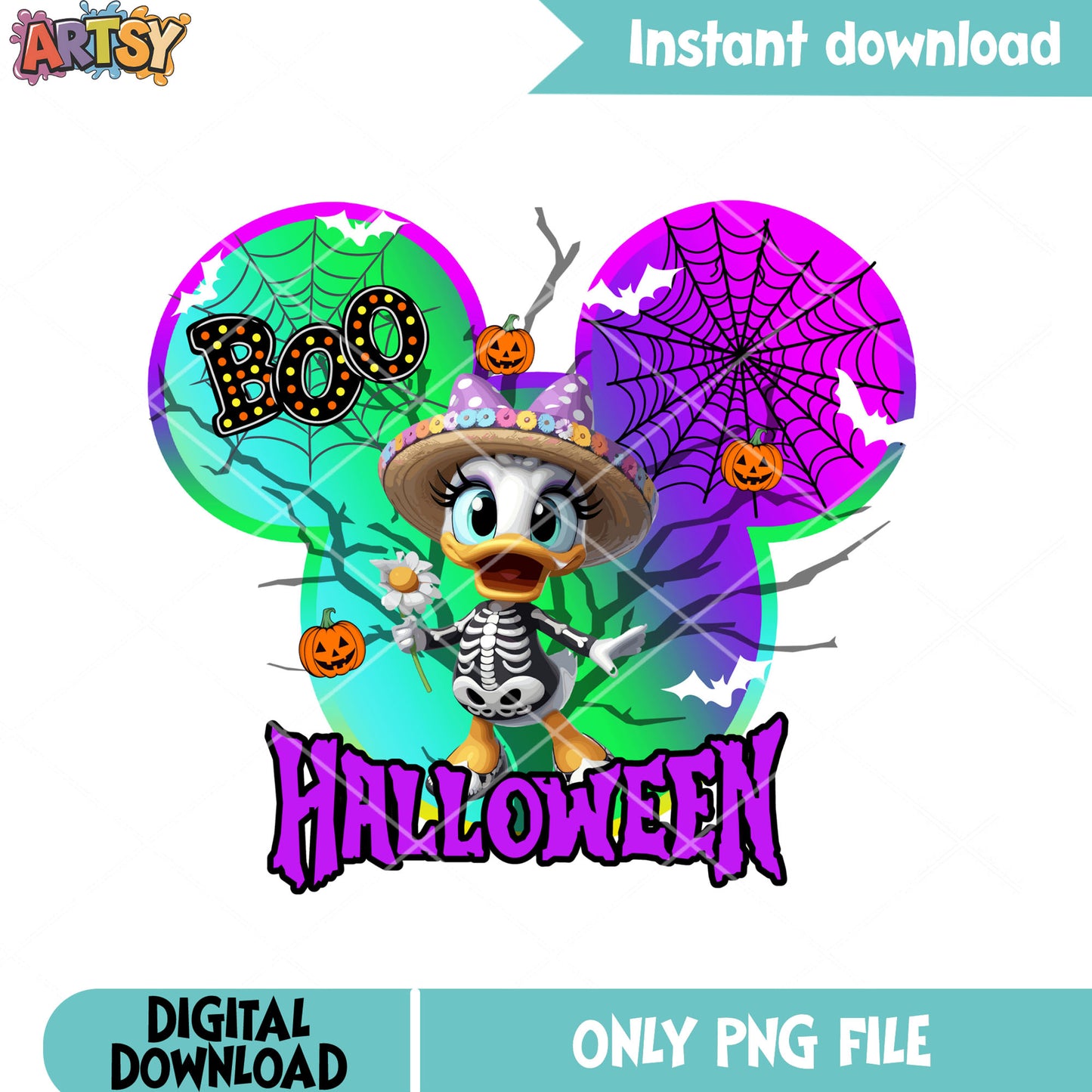 Skeleton daisy duck png, jack o lantern png, spider web png