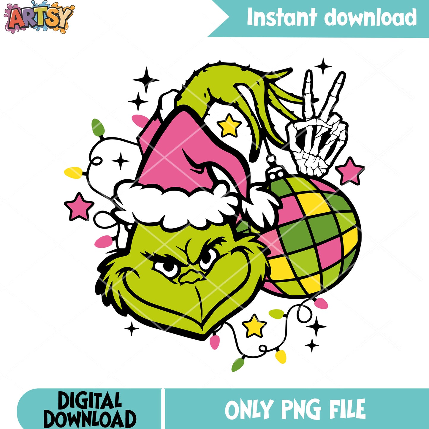 Skeleton grinch squad png, santa hat pink png, tangled light png