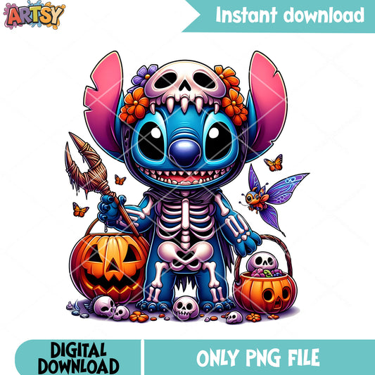 Skeleton sticht png, disney halloween png, wicker pumpkin png