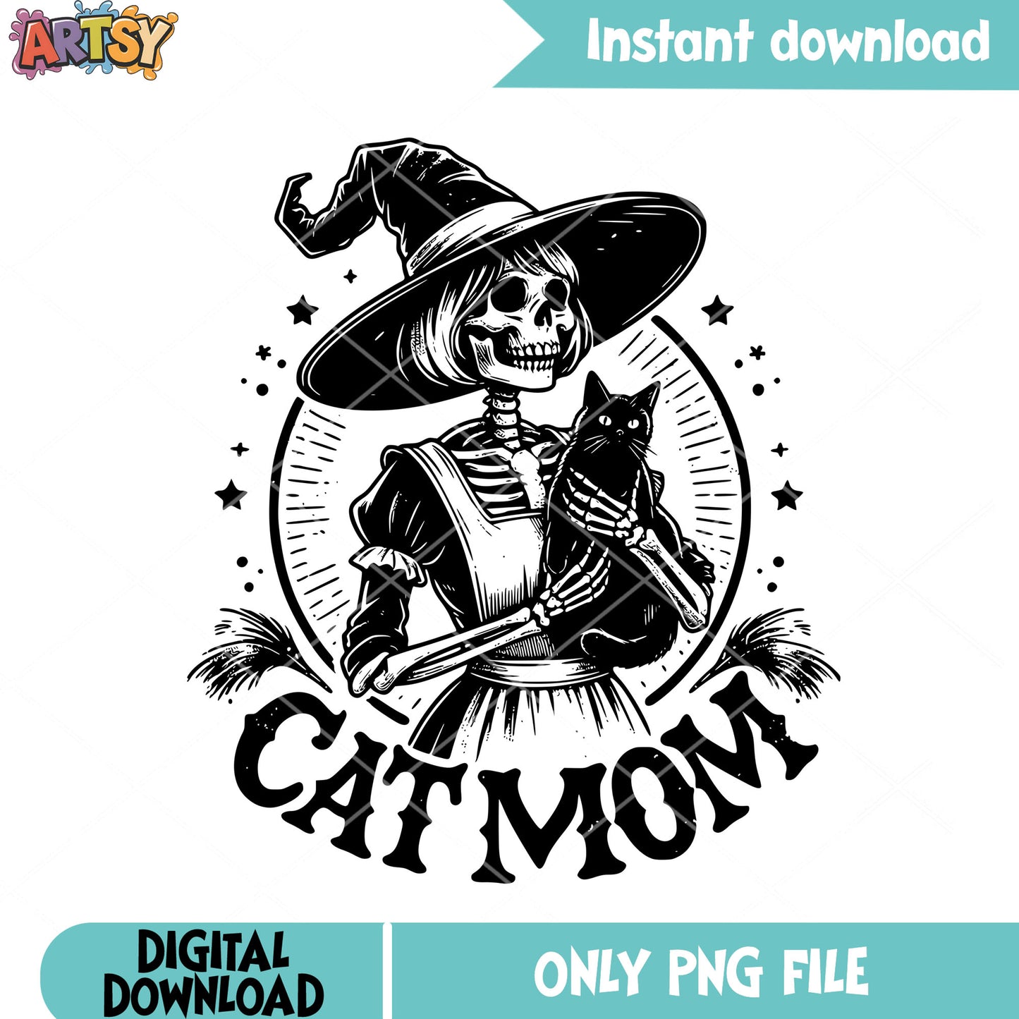 Skeleton the black cat png, witch hat png, halloween scary png