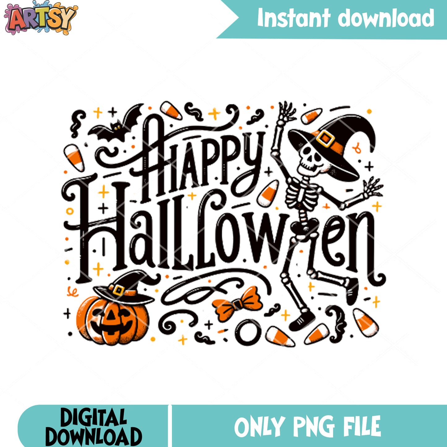 Skeleton witches hat png, corn candy png, jack o lantern png