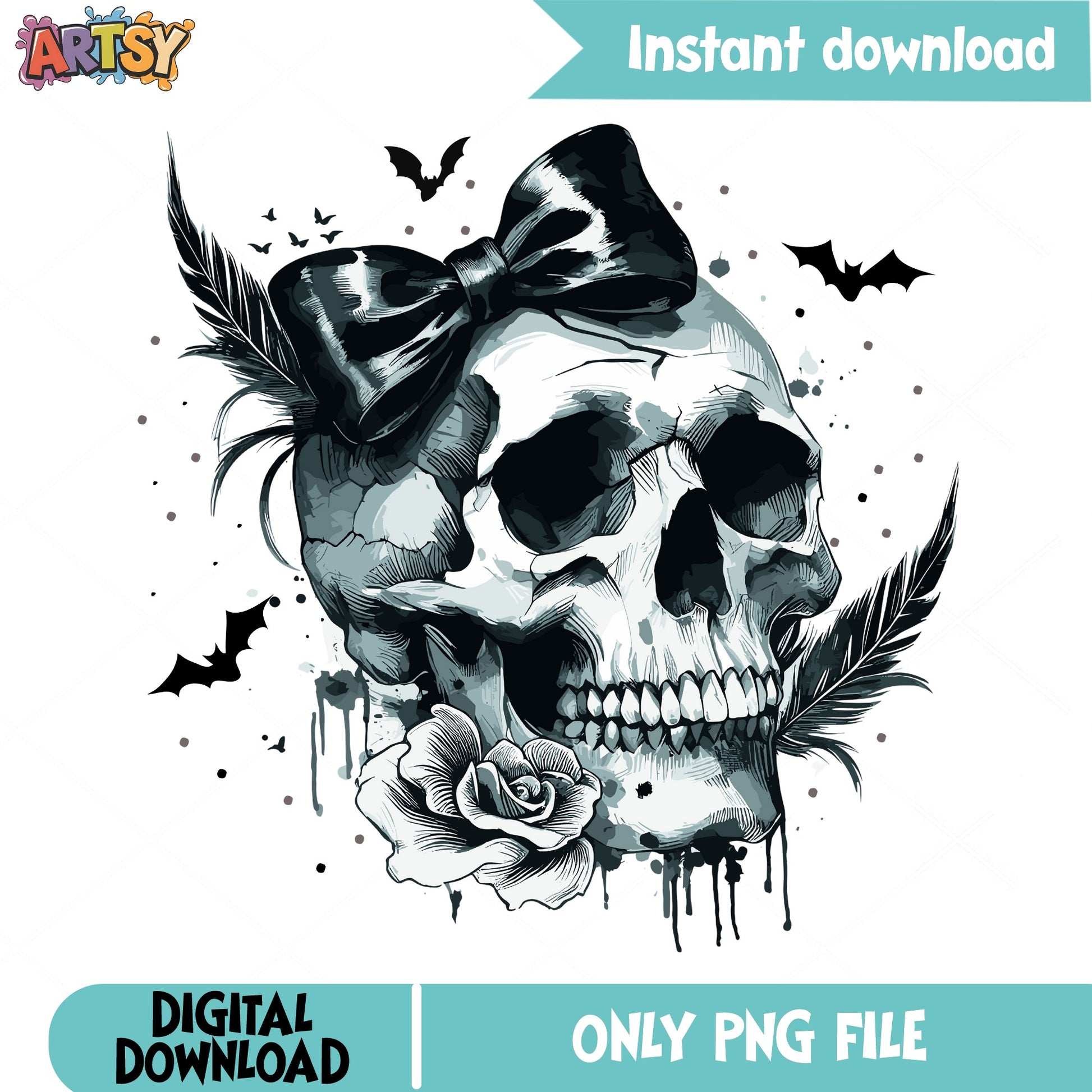 Skull With Bow Halloween PNG, Gothic Skull Rose PNG, Spooky PNG