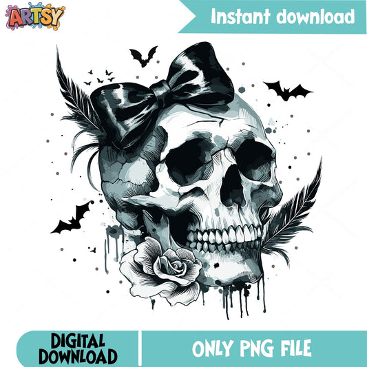Skull With Bow Halloween PNG, Gothic Skull Rose PNG, Spooky PNG