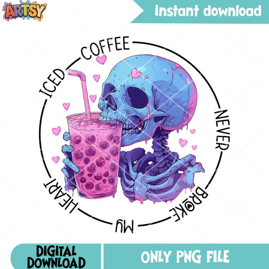 Skull coffee valentines png, skeleton love png, valentine coffee png