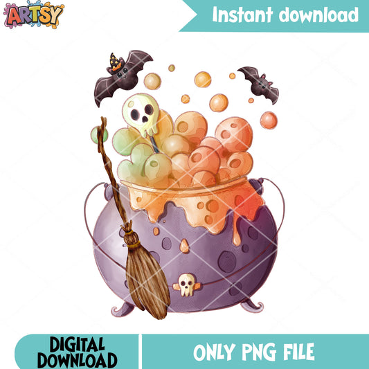 Skull skeleton broom png, witches cauldron png, halloween scary png