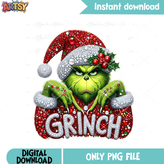 Slay scary green monster png, santa claus costume png, the grinch png