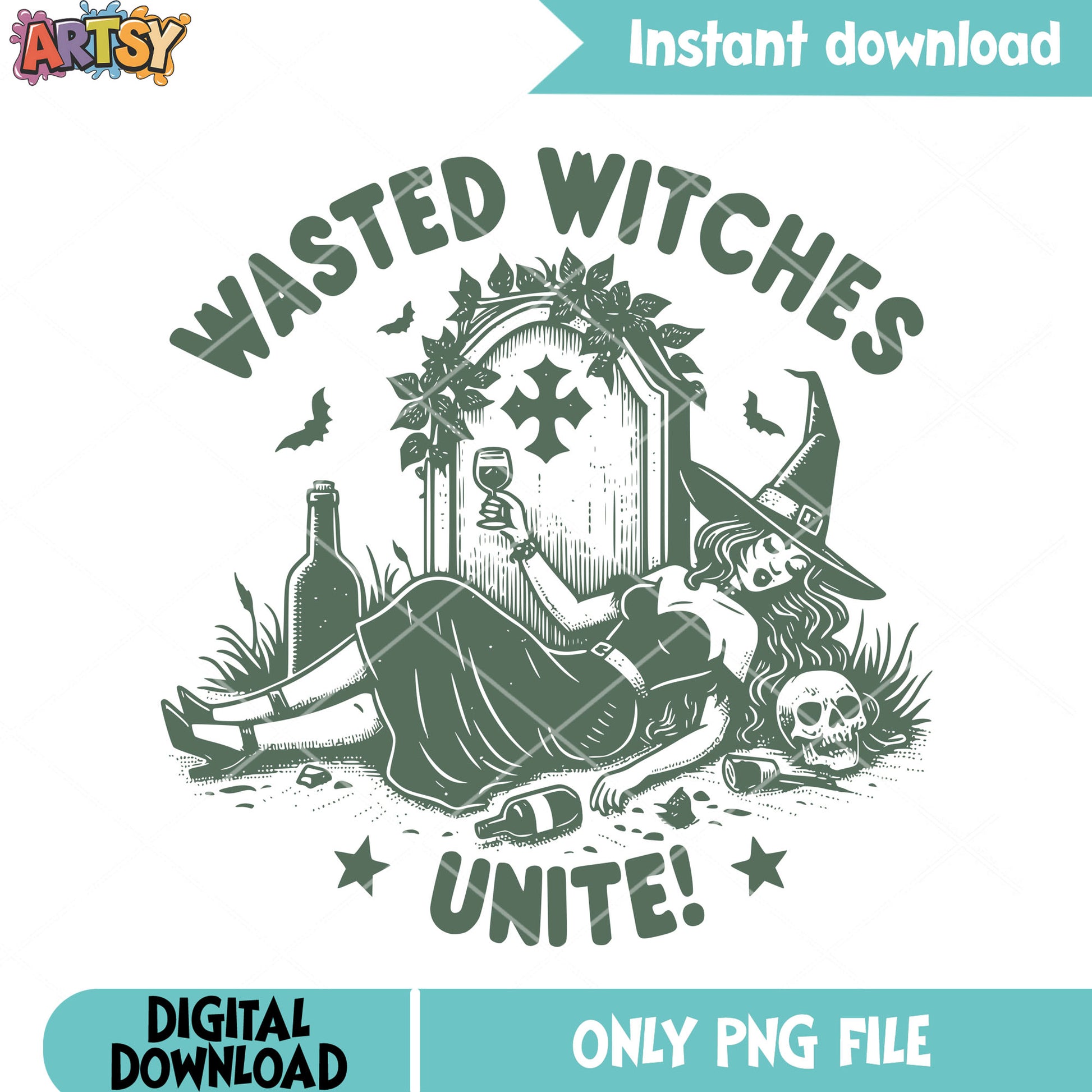 Sleepy witch skull png, wine bottle png, halloween scary png