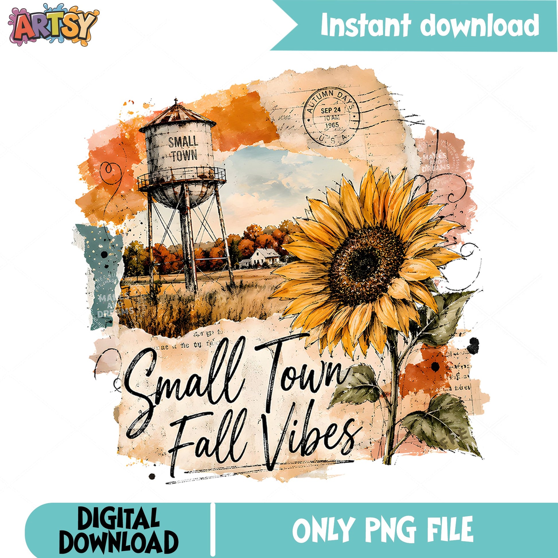 Small Town Fall Vibes PNG, Sunflower Autumn PNG, Country PNG