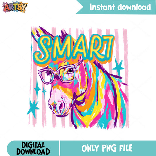 Smart Donkey With Glasses Colorful PNG, Funny Donkey PNG, Retro PNG