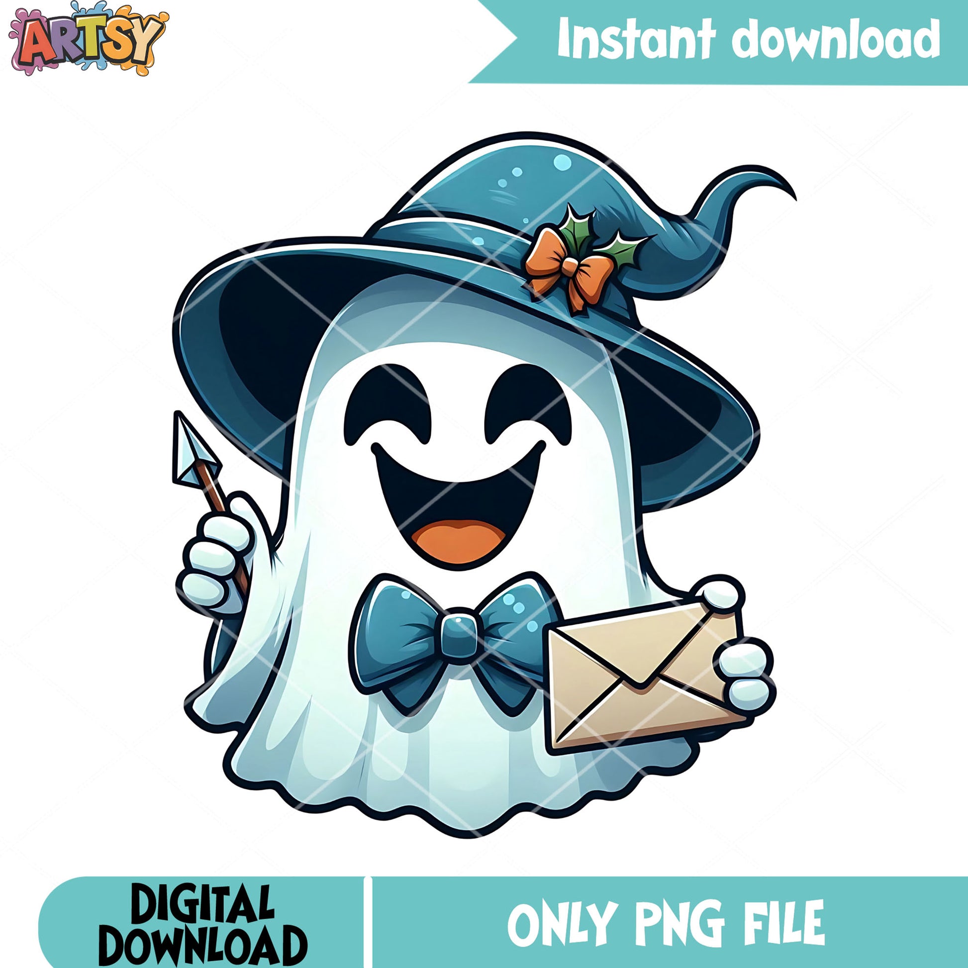 Smile ghost Blue bow tie png, witches hat png, halloween scary png