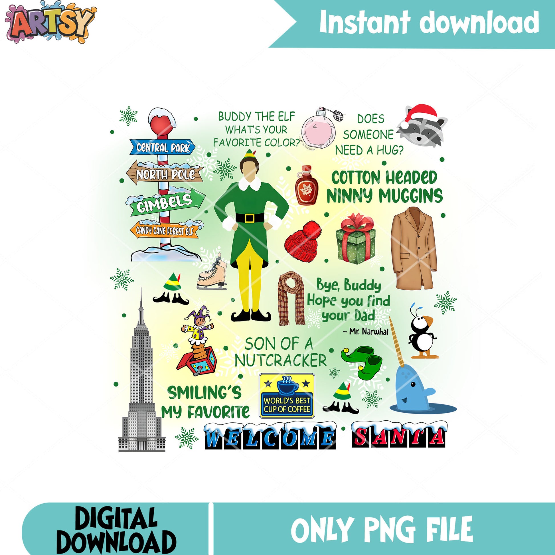 Smiling my favorite png, buddy the elf png, santa claus png