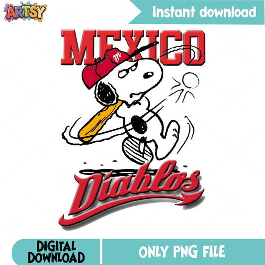 Snoopy Mexico Diablos Baseball PNG, Peanuts PNG, Baseball PNG