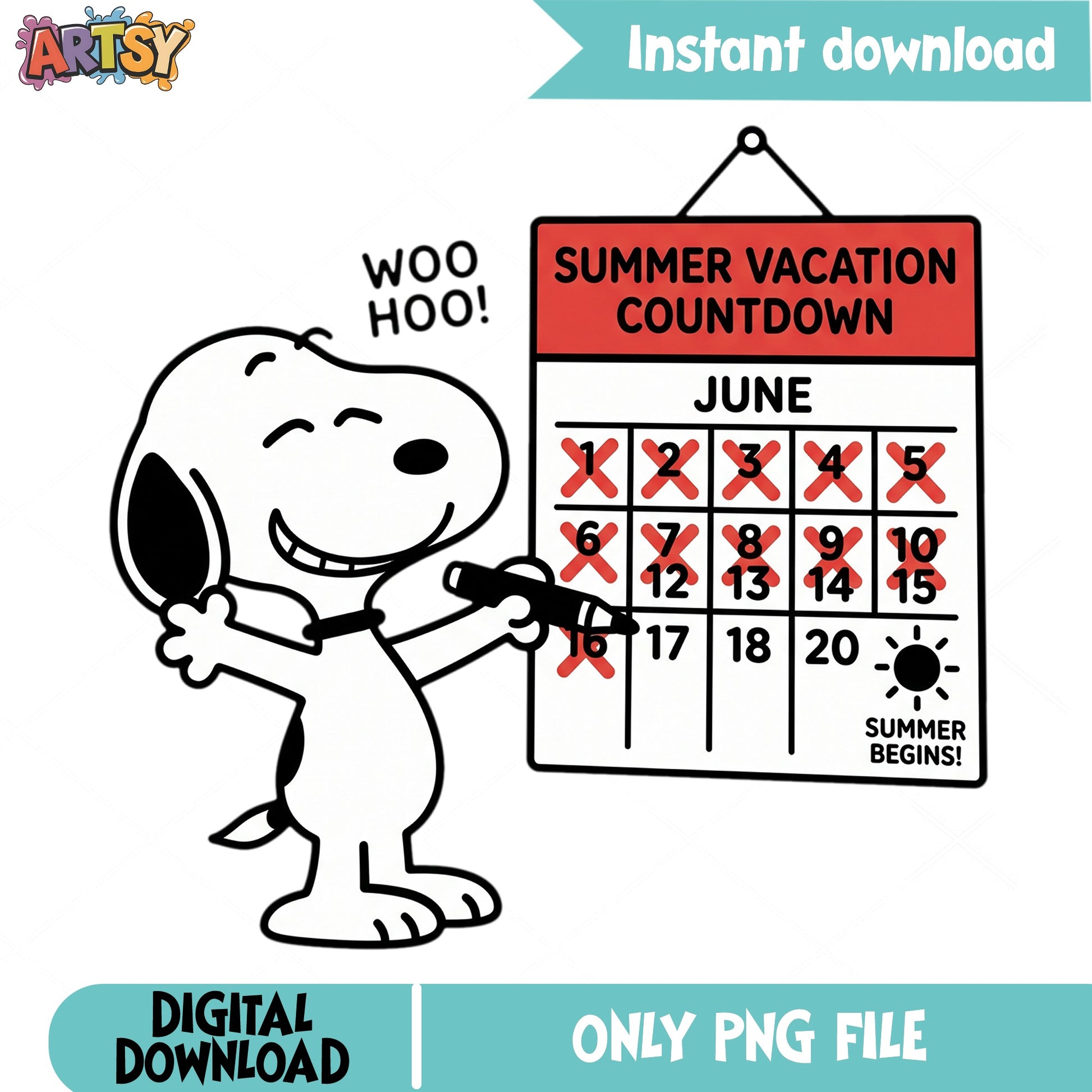 Snoopy Summer Vacation Countdown PNG, Peanuts PNG, Summer PNG
