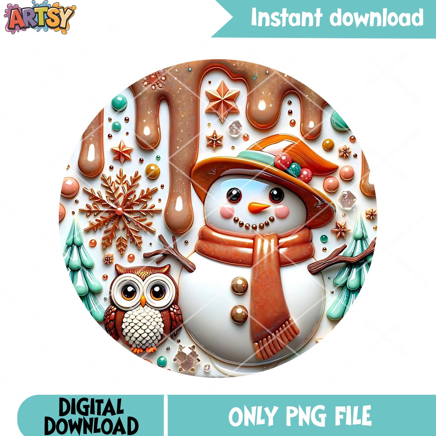 Snowman and owl caramel png, owl winter round png, transfer png