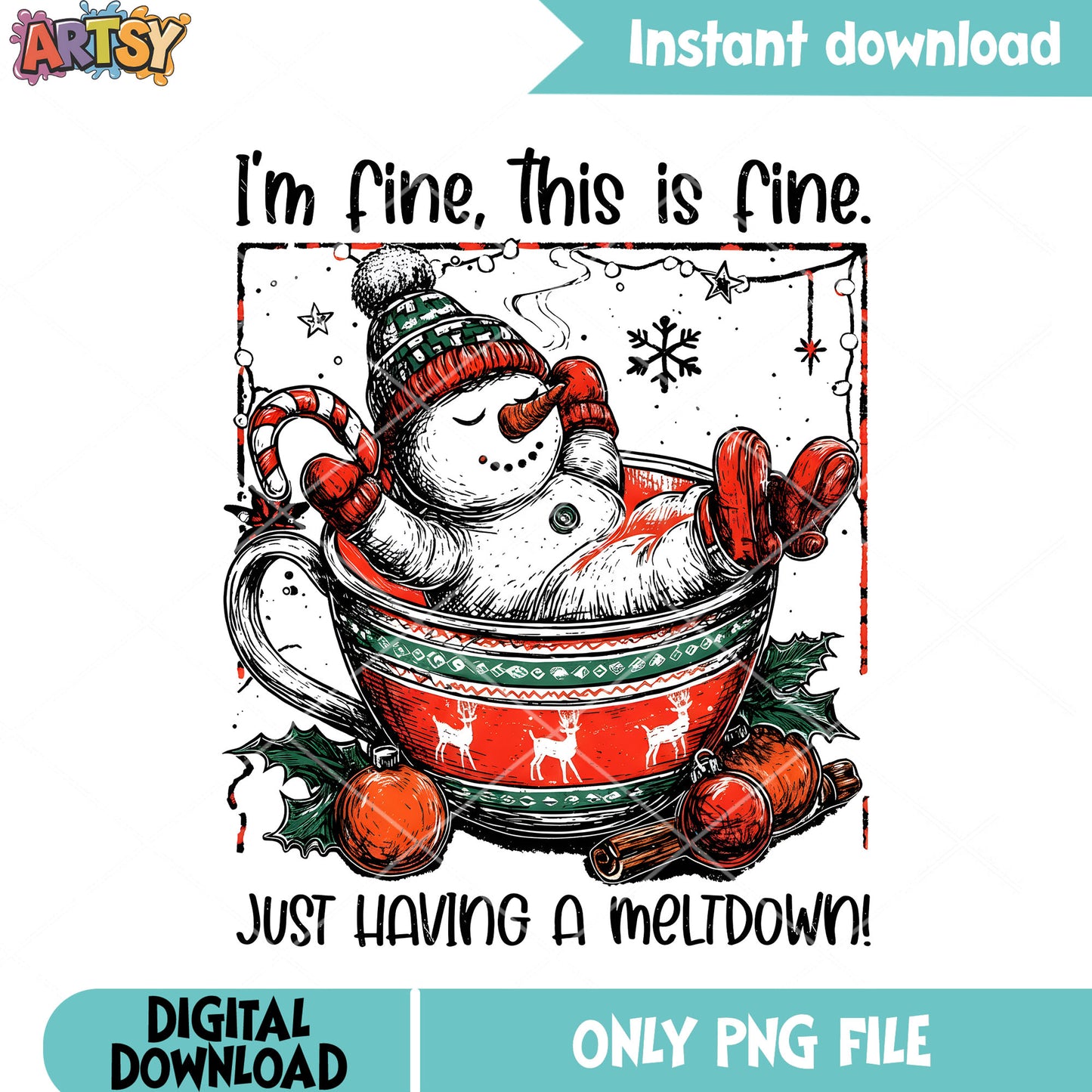 Snowman in hot cup png, string lights png, carrot nose png