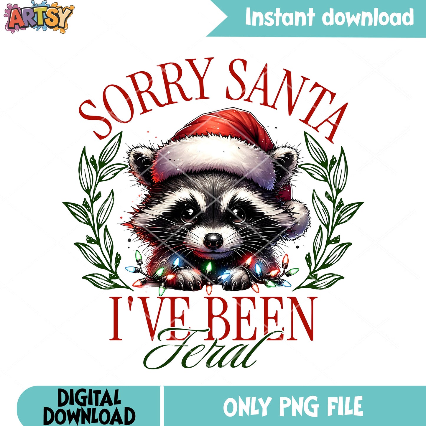 Sorry satan raccoon png, raccoon painting png, christmas raccoon lights png