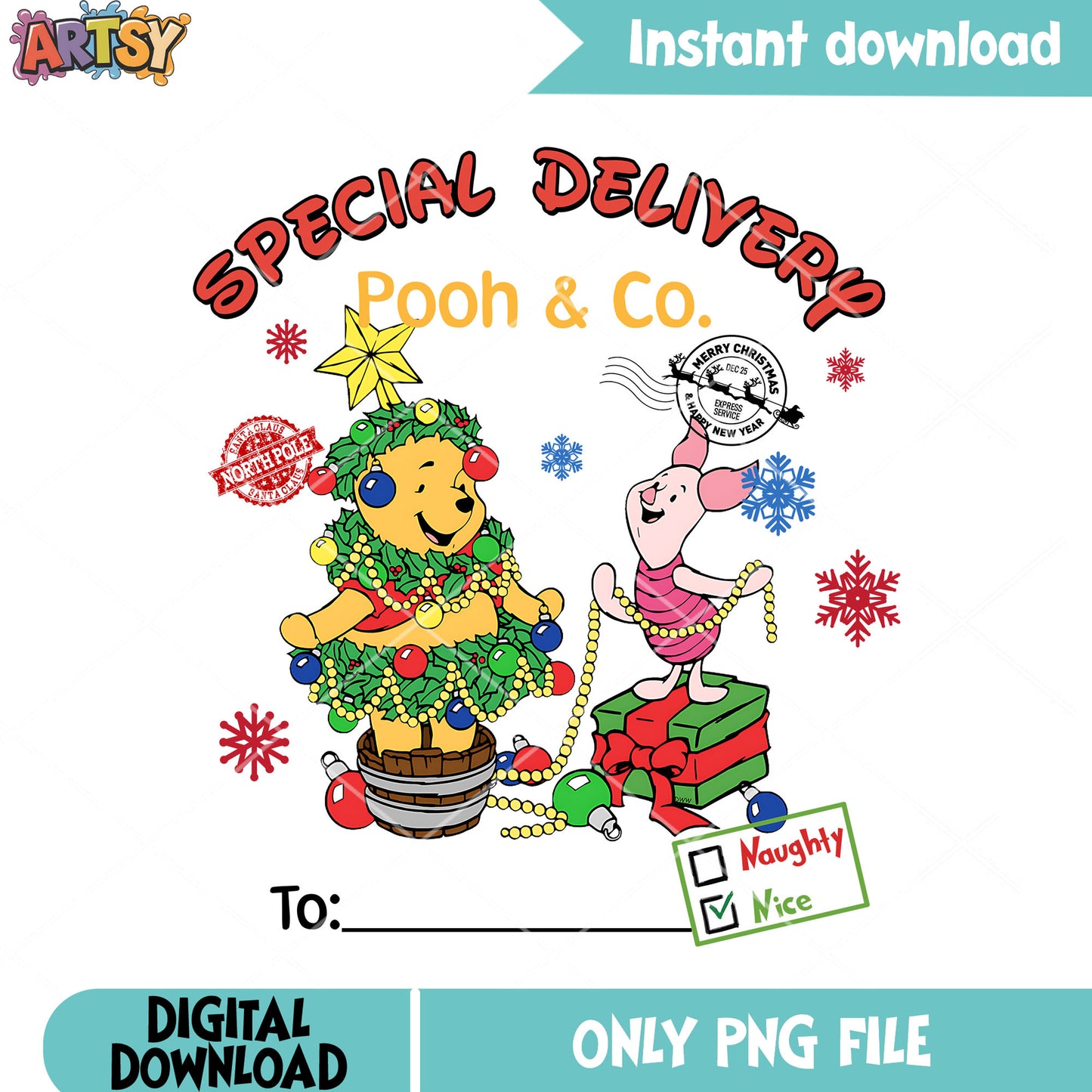 Special stamp christmas delivery png, xmas png, winnie the pooh png