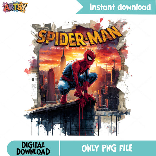 Spider-Man City Skyline Vintage PNG, Marvel Superhero PNG, Spiderman PNG
