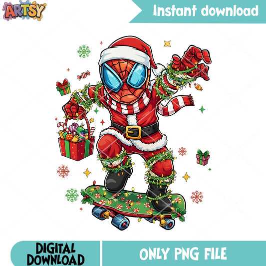 Spiderman christmas png, skateboard png, santa claus hat png