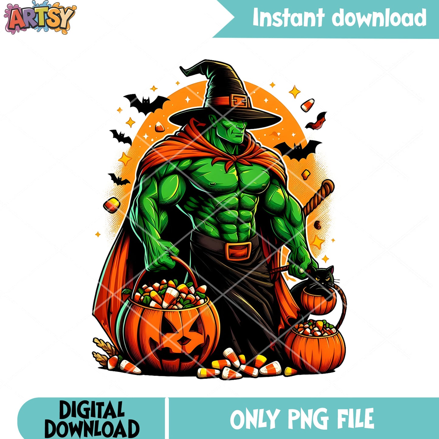 Spoky bruce witch costume png, halloween marvel png, scary pumpkin png