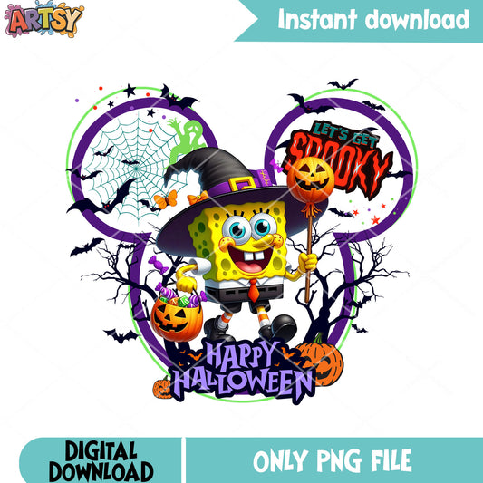 Sponge bob square pants png, wicker pumpkin png, creepy halloween png