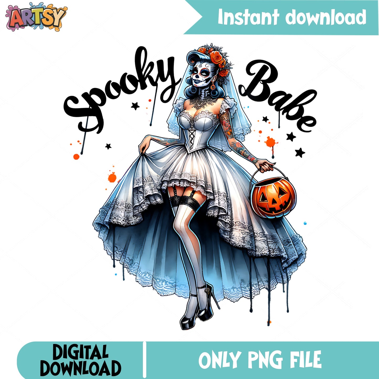 Spooky Babe Sugar Skull Bride PNG, Halloween PNG, Pumpkin PNG