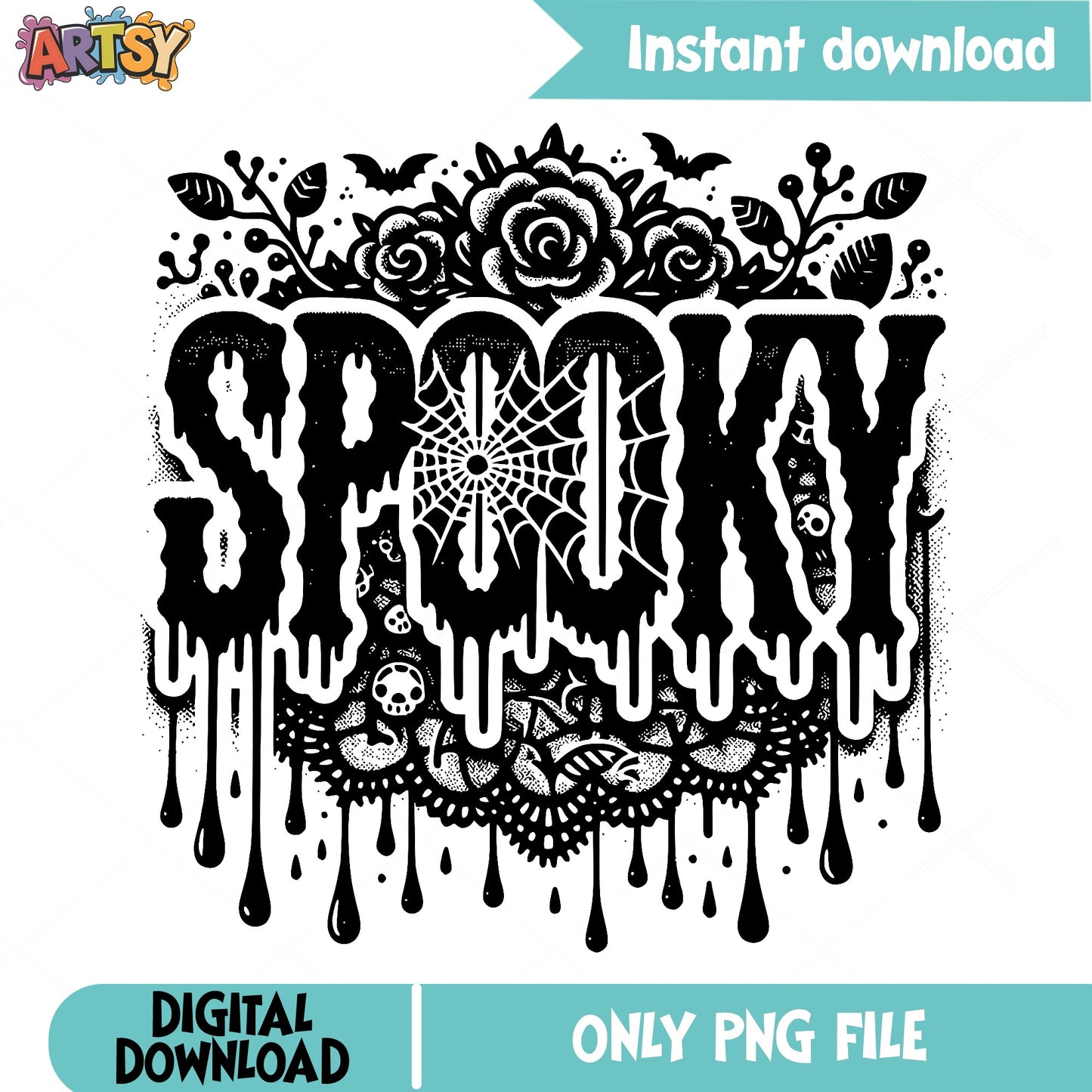 Spooky Dripping Halloween PNG, Floral Gothic PNG, Halloween PNG