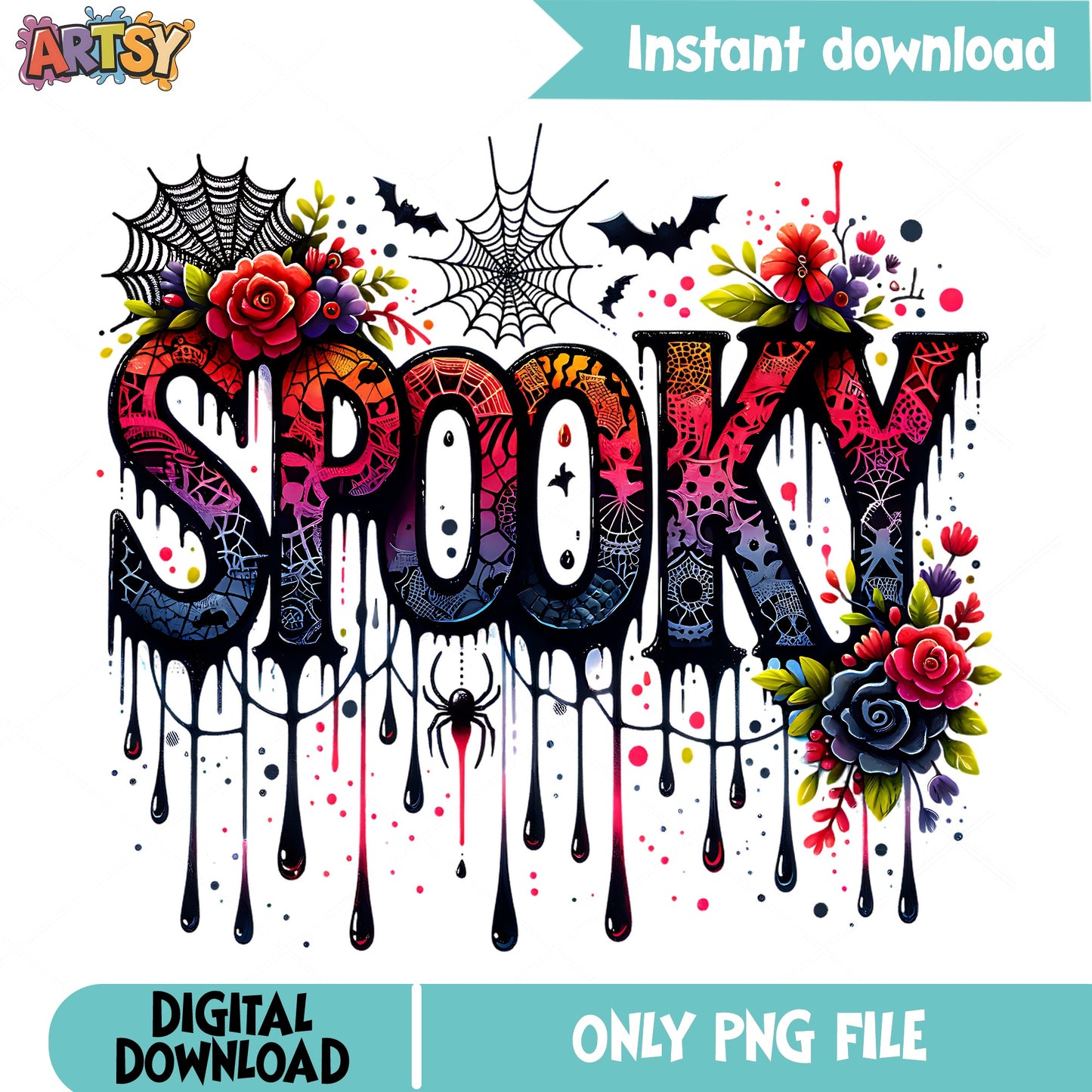 Spooky Floral Drip Halloween PNG, Spider Web PNG, Halloween PNG
