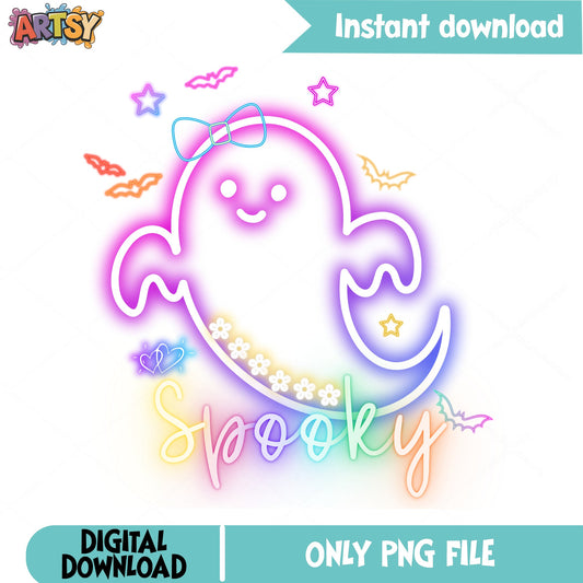 Spooky Ghost Neon PNG, Cute Halloween Ghost PNG, Halloween PNG