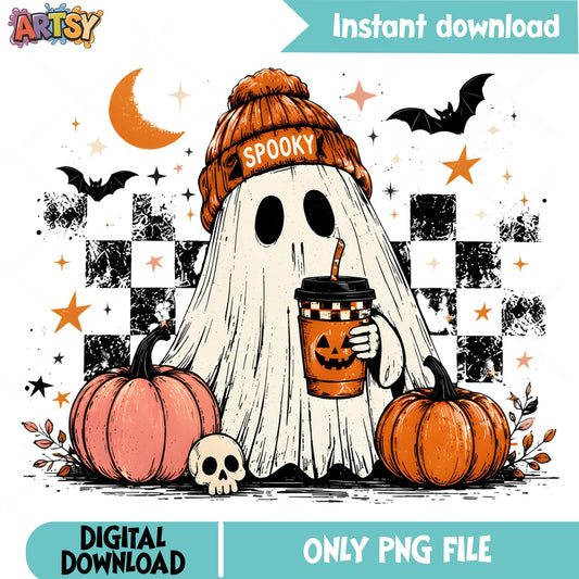 Spooky Ghost With Coffee Halloween PNG, Pumpkin Ghost PNG, Halloween PNG