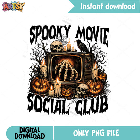 Spooky Movie Social Club PNG, Halloween Skeleton PNG, Pumpkin Halloween PNG