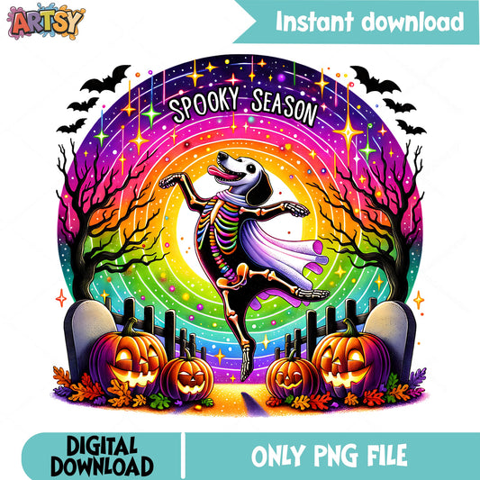 Spooky Season Dancing Skeleton Dog PNG, Halloween PNG, Pumpkin PNG