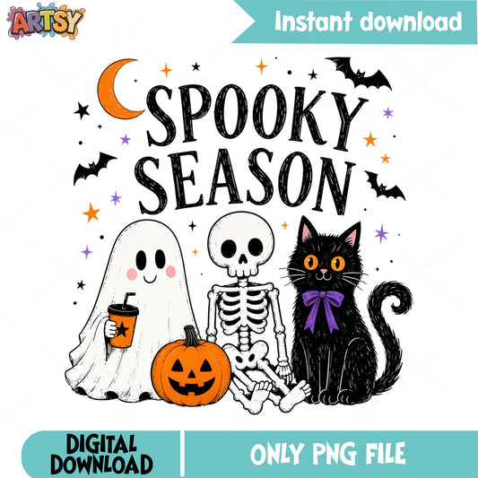 Spooky Season PNG, Halloween Ghost Skeleton, Black Cat PNG