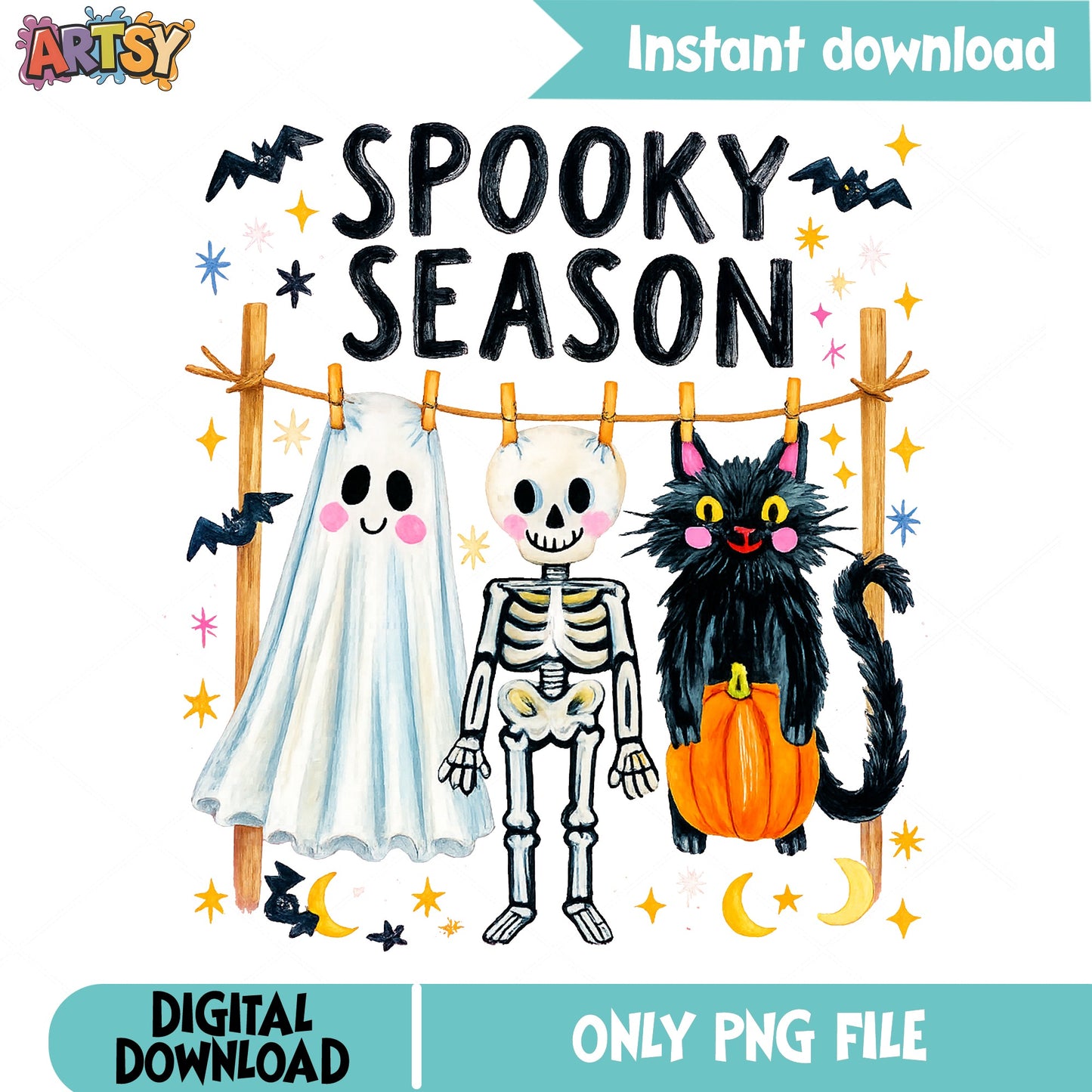 Spooky Season PNG, Halloween Ghost Skeleton Black Cat PNG, Halloween PNG