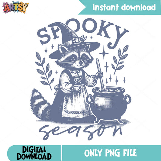 Spooky Season Raccoon Witch PNG, Halloween PNG, Cauldron PNG