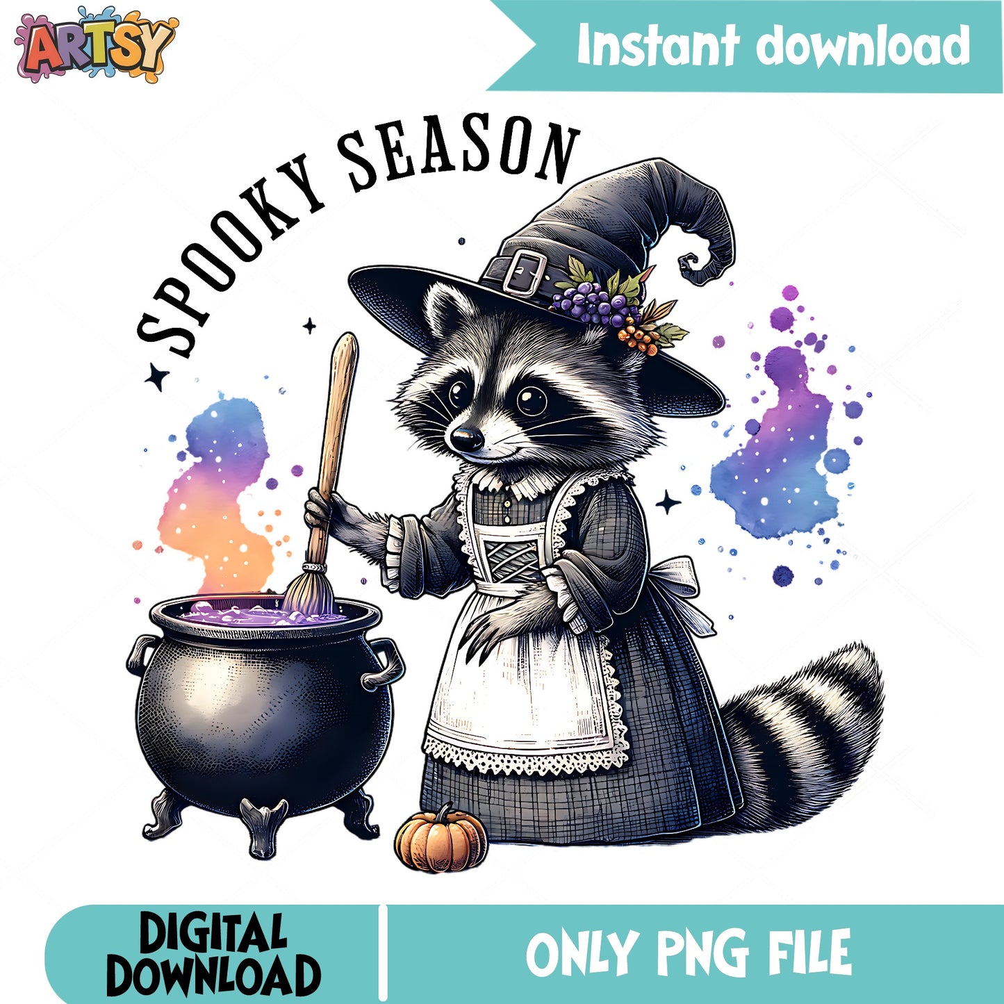 Spooky Season Raccoon Witch PNG, Halloween Raccoon PNG, Cute Witch PNG
