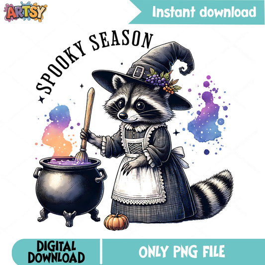 Spooky Season Raccoon Witch PNG, Halloween Raccoon PNG, Cute Witch PNG