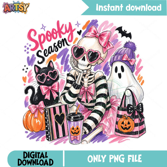 Spooky Season Skeleton PNG, Halloween Ghost PNG, Coquette PNG