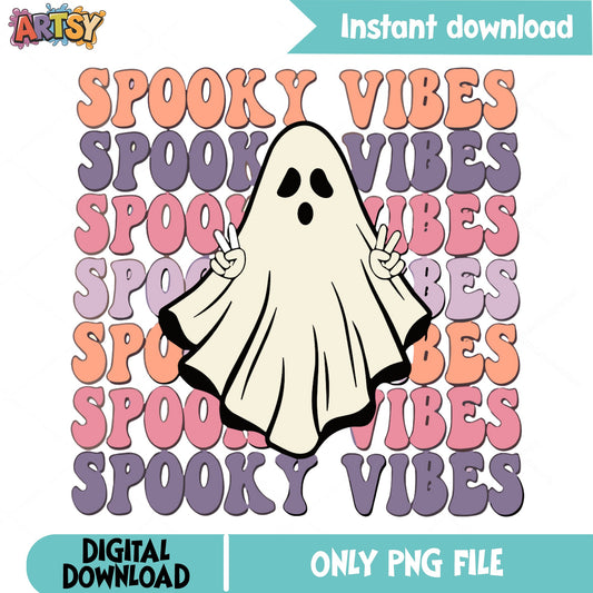 Spooky Vibes Ghost PNG, Halloween Ghost PNG, Retro Halloween PNG