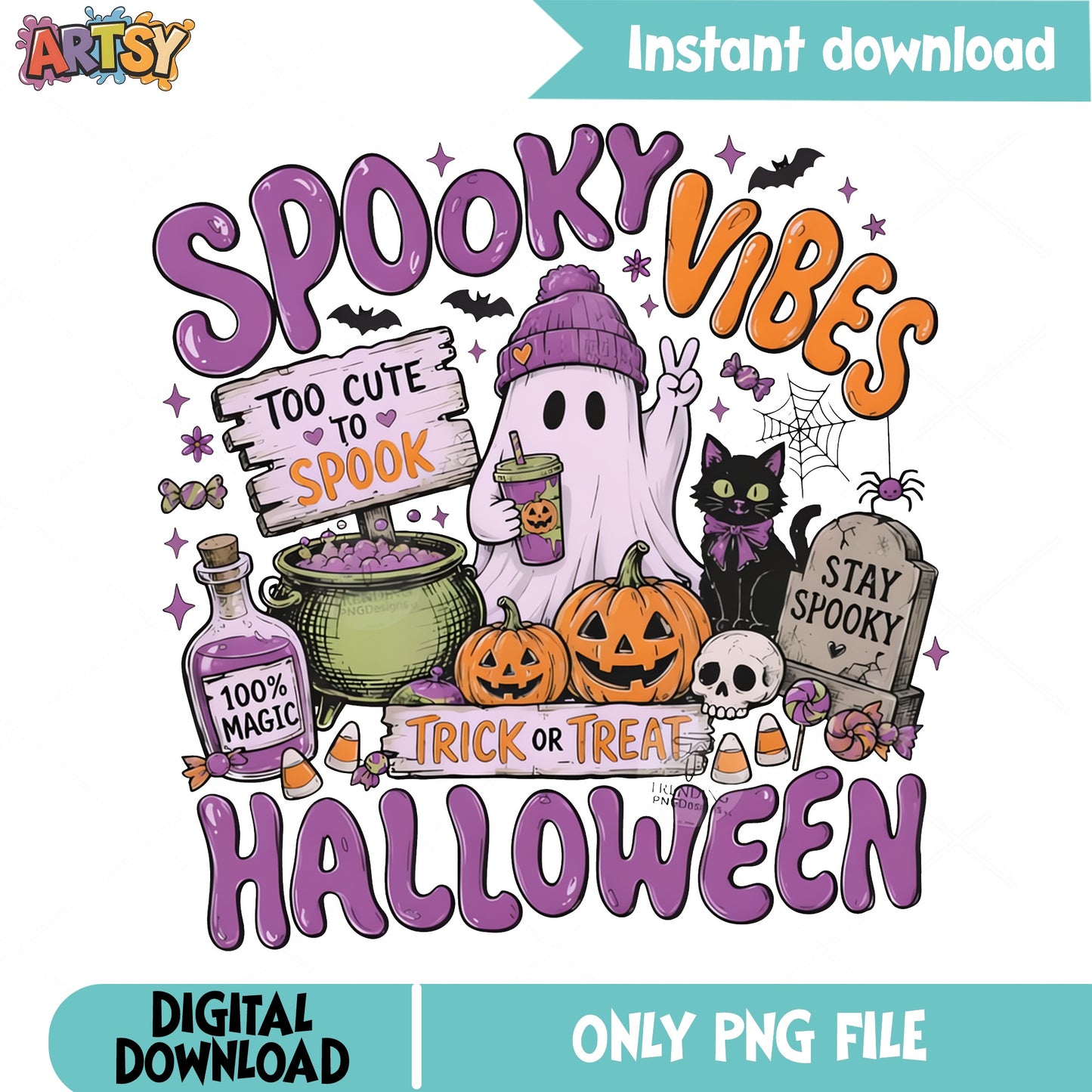 Spooky Vibes Halloween PNG, Trick Or Treat Ghost PNG, Halloween PNG