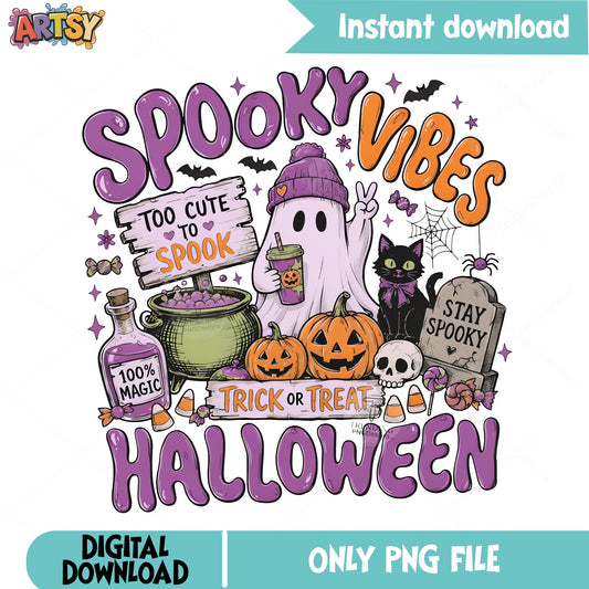 Spooky Vibes Halloween PNG, Trick Or Treat Ghost PNG, Halloween PNG