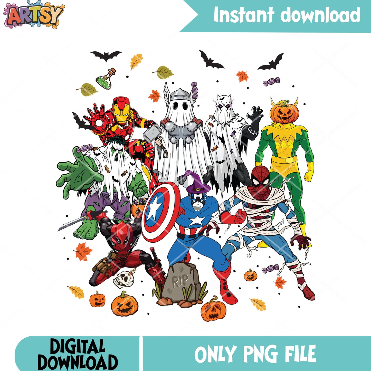 Spooky avenger team png, halloween scary night png, spooky costume png