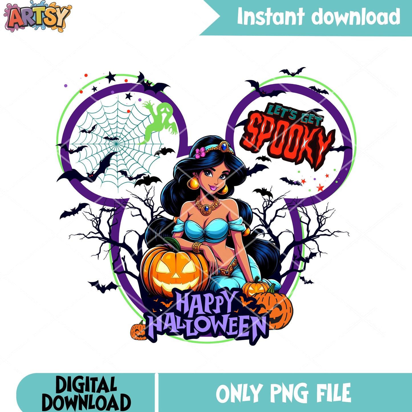 Spooky bats and pumpkin png, scary halloween png, jasmine princess png